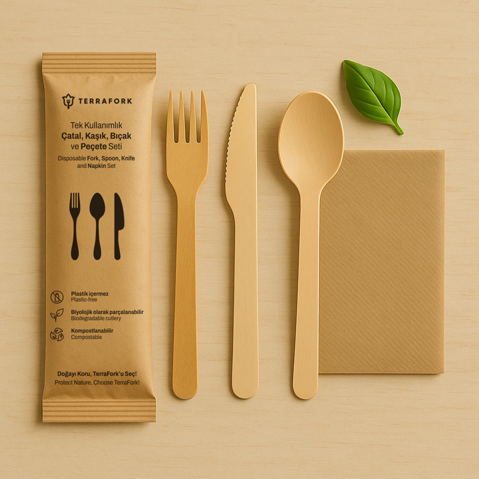 TerraFork ahşap çatal kaşık bıçak ve peçete seti